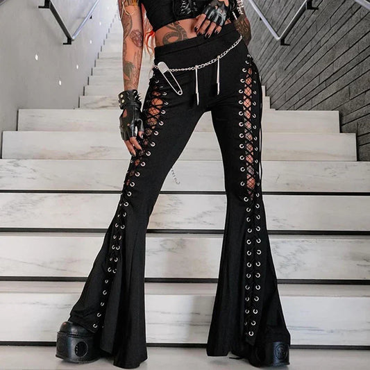 Flare Hollow Grunge Pants Goth Bandage Streetwear Black Dark Pants