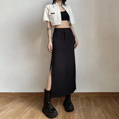 Sexy Goth Dark Waist Black Cargo Y2k Gothic High Grunge Midi Skirt Split Streetwear