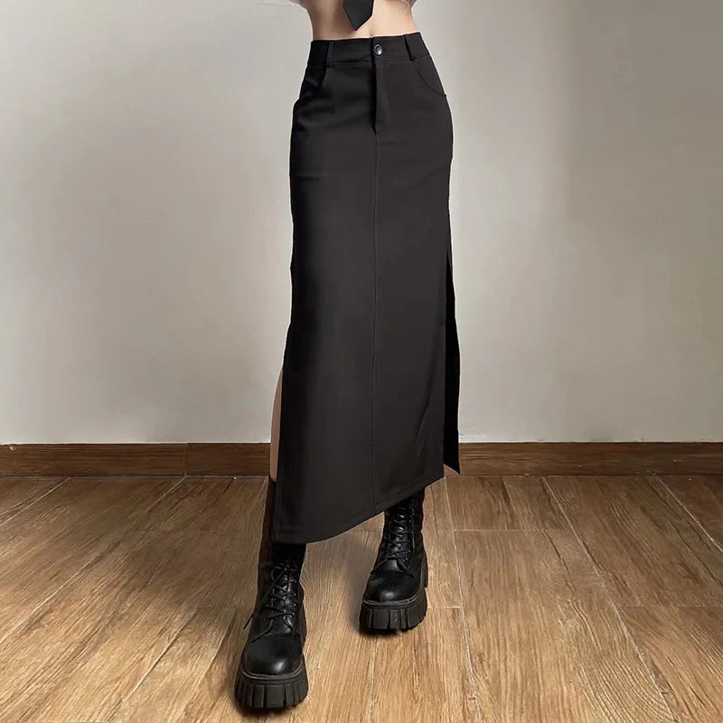 Sexy Goth Dark Waist Black Cargo Y2k Gothic High Grunge Midi Skirt Split Streetwear