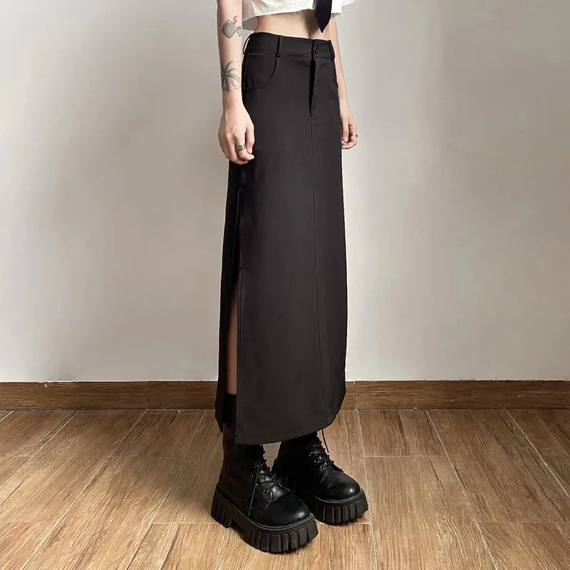 Sexy Goth Dark Waist Black Cargo Y2k Gothic High Grunge Midi Skirt Split Streetwear