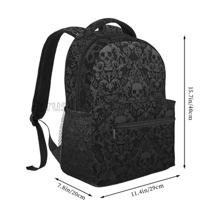 Goth Unisex Daypack Casual Pattern Bag Skull Damask Travel Black