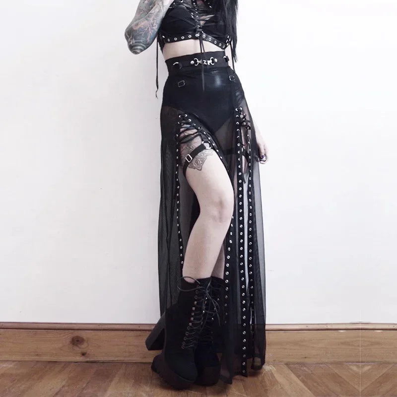 Dark Side Up Aesthetical Mesh Slit Goth Lace Perspective Summer Skirt