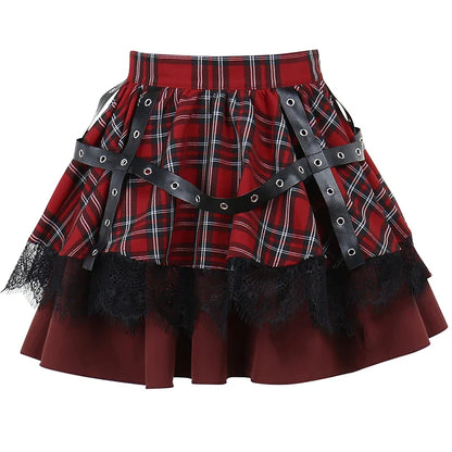 Kawaii Costume Plaid Pleated Skirt Gothic Sweet Lace Harajuku Y2k Girls