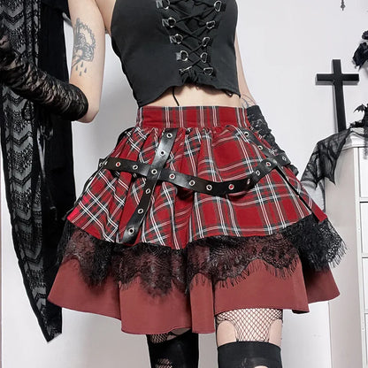 Kawaii Costume Plaid Pleated Skirt Gothic Sweet Lace Harajuku Y2k Girls