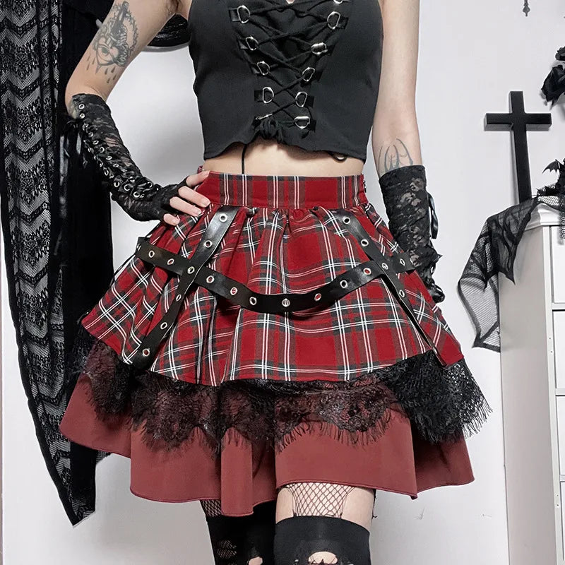 Kawaii Costume Plaid Pleated Skirt Gothic Sweet Lace Harajuku Y2k Girls