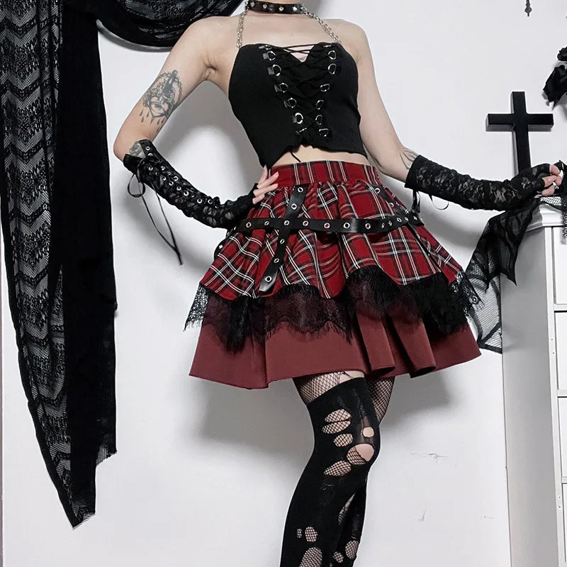 Kawaii Costume Plaid Pleated Skirt Gothic Sweet Lace Harajuku Y2k Girls