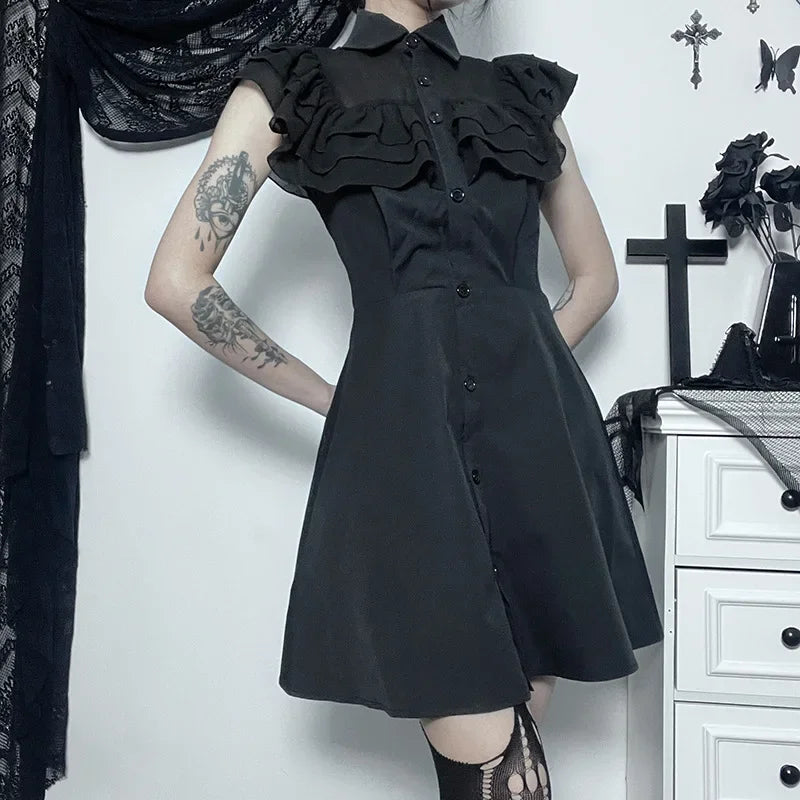 Streetwear Gothic Black Patchwork Slim E-Girl Mesh Sexy Party Harajuku Grunge Mall A-Line Dress Aesthetic Dress