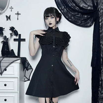 Streetwear Gothic Black Patchwork Slim E-Girl Mesh Sexy Party Harajuku Grunge Mall A-Line Dress Aesthetic Dress