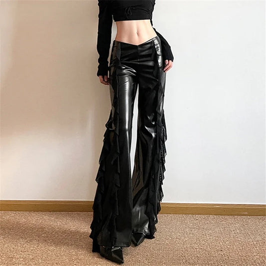 Women Casual Mesh Pants Pants Flare Faux Gothic PU Zip