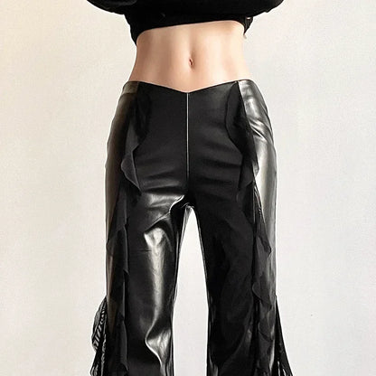 Women Casual Mesh Pants Pants Flare Faux Gothic PU Zip