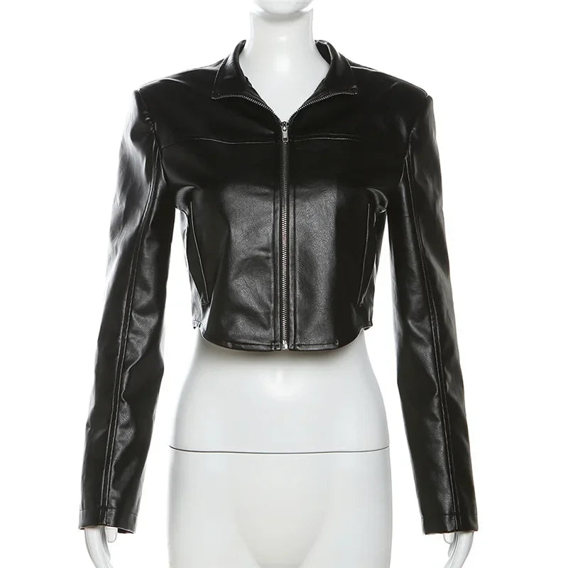 Faux Leather Cyber Y2k Grunge Goth Slim Crop Punk Mock Neck Streetwear Jacket