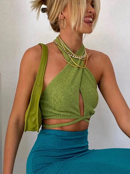 AMY FASHION - Sexy Green Bandage Halter Backless Club Party Crop Top
