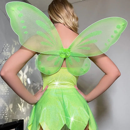 Fairy Tinker Birthday Bell Costume Green Short Wings Cosplay Party Role Play