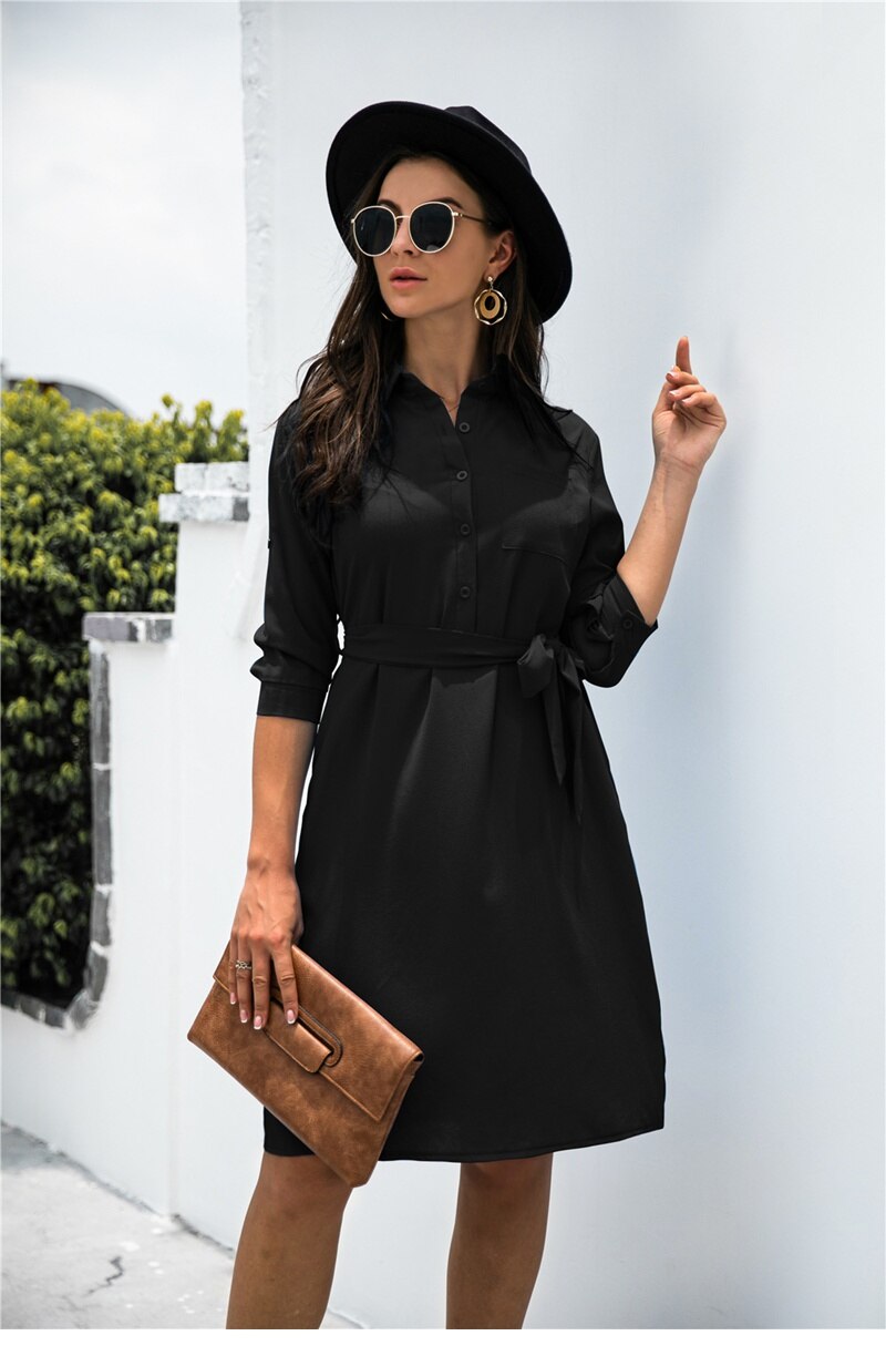 Amy Fashion - Solid Color Button Lapel Sleeve Shirt Dress