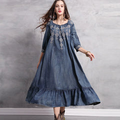 Denim Cotton O-neck Floral Embroidery Boho Dress