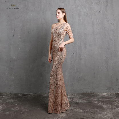 2024 One-Shoulder Floor-Length Mermaid Sequined Evening Dress