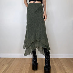 Green Irregular Midi Ruffle Skirt
