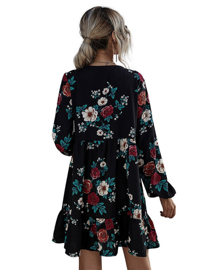 Amy Fashion - Casual O-neck Full Sleeve High Waist Floral Dress