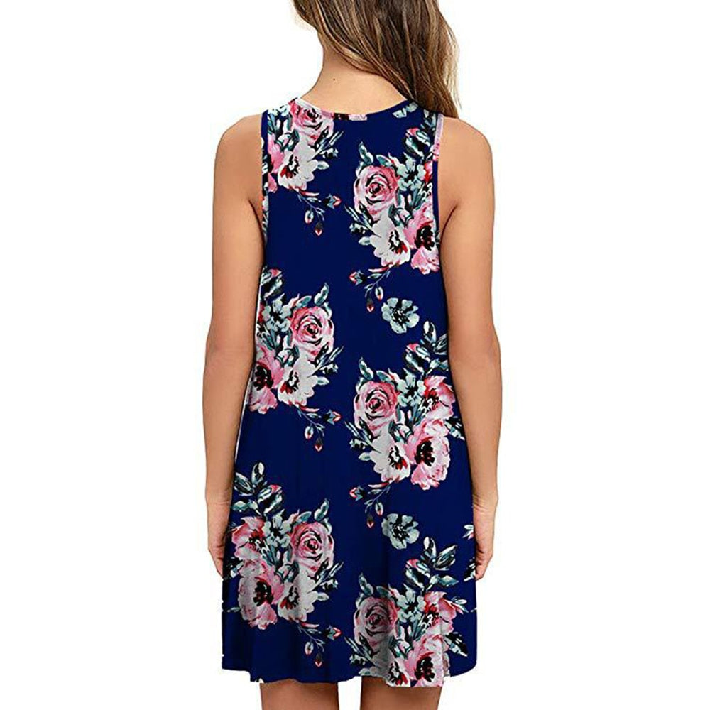 Amy Fashion - Floral Print Medium Casual Cover Up Plain Tank Dress