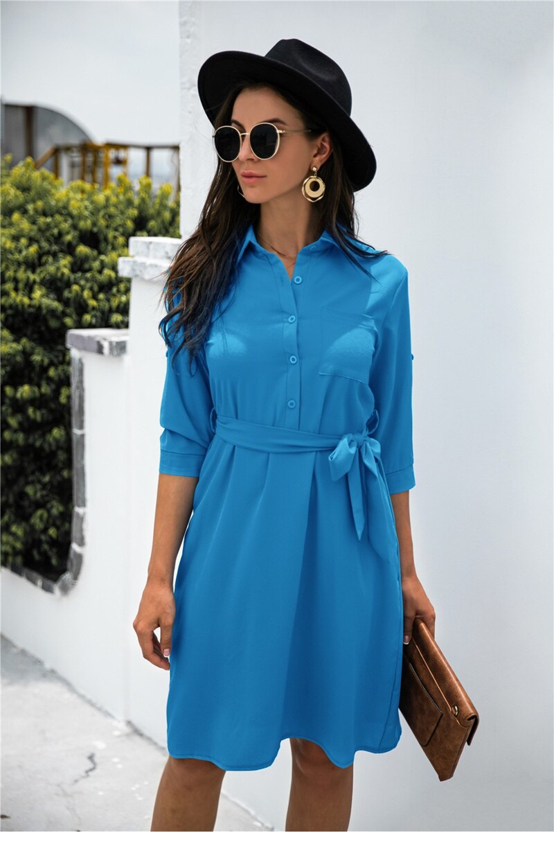 Amy Fashion - Solid Color Button Lapel Sleeve Shirt Dress