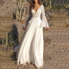 Long Flare Sleeve V Neck White Hollow Lace Boho Dress