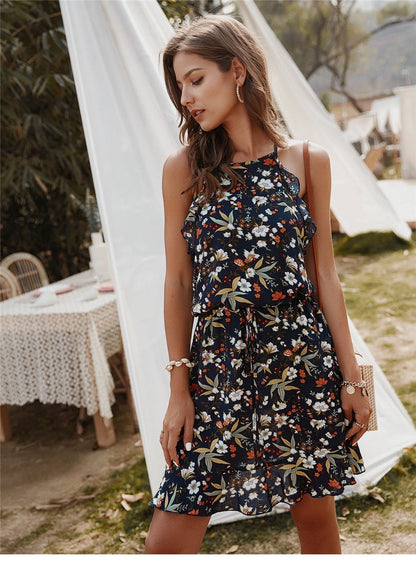 Amy Fashion - Casual Sleeveless Ruffles Above Knee Floral Dress