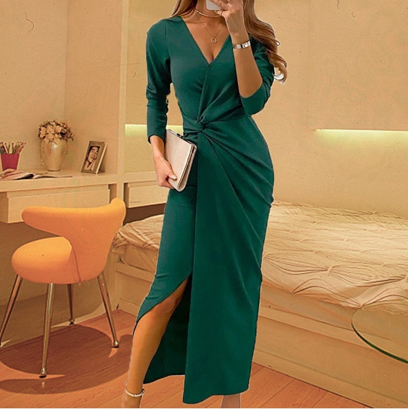 2024 V Neck Evening Dresses Long Sleeve Split Maxi Dress