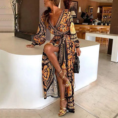 Elegant Boat Neck Glitter Deep V Boho Dress