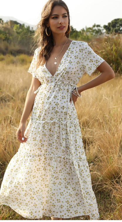 Amy Fashion - Floral Printed Boho Style Deep V-neck Dress