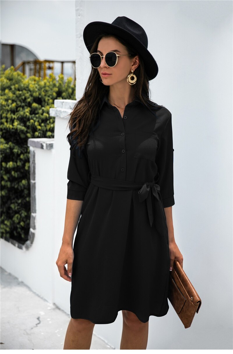 Amy Fashion - Solid Color Button Lapel Sleeve Shirt Dress