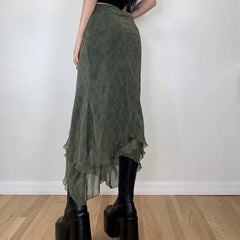 Green Irregular Midi Ruffle Skirt