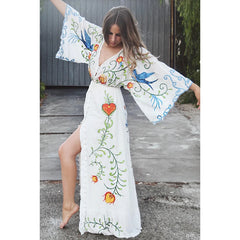 Cotton Floral Embroidery Deep V Neck Maxi Boho Dress