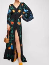Cotton Floral Embroidery Deep V Neck Maxi Boho Dress
