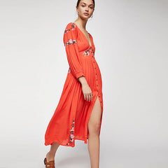 Black Floral Embroidery Deep V Neck Loose Boho Dress