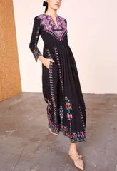 Ethnic Floral Embroidery Rayon V Neck Boho Dress
