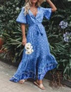 Floral Print Deep V Neck Loose Hippie Maxi Boho Dress