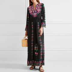 Ethnic Floral Embroidery Rayon V Neck Boho Dress