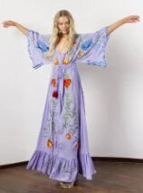 Cotton Floral Embroidery Deep V Neck Maxi Boho Dress