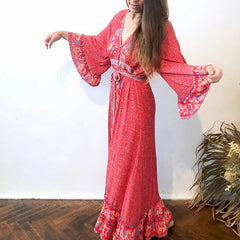 Red Rayon Floral V Neck Adjustable Belt Boho Dress