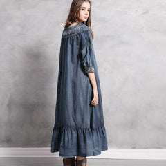 Denim Cotton O-neck Floral Embroidery Boho Dress