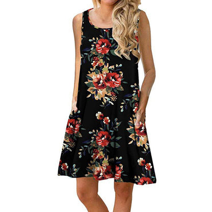 Amy Fashion - Floral Print Medium Casual Cover Up Plain Tank Dress