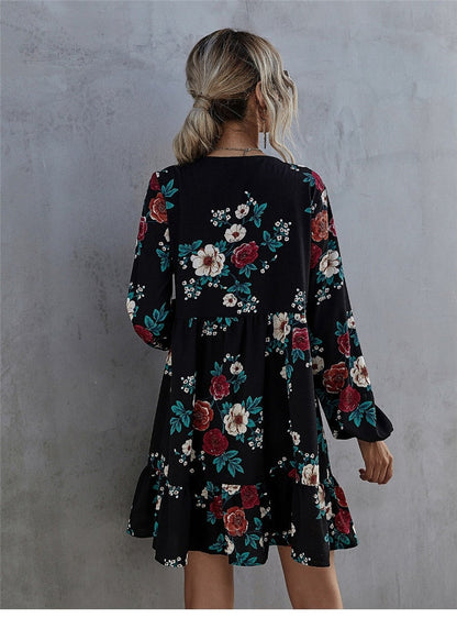 Amy Fashion - Casual O-neck Full Sleeve High Waist Floral Dress