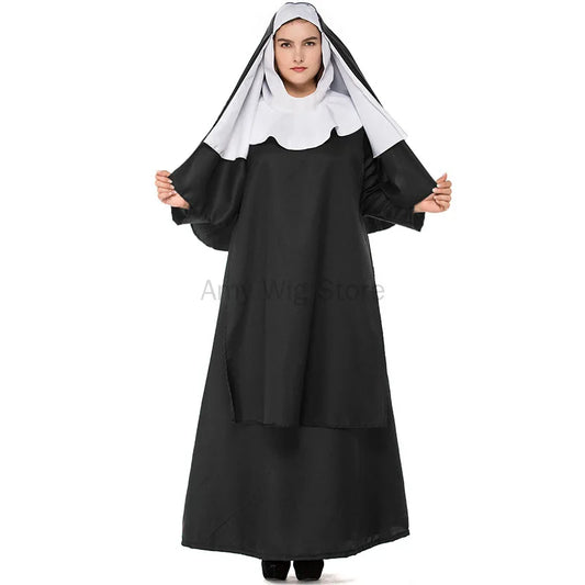 Nun Costume Party Plus Cosplay Sister Religious Black Size Robe Priest