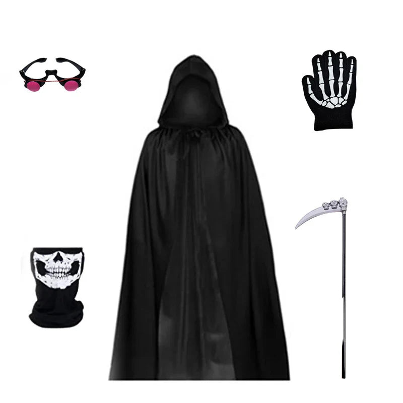 Black Holiday Cloak Skull Halloween Ball Costume Prop Death Skeleton