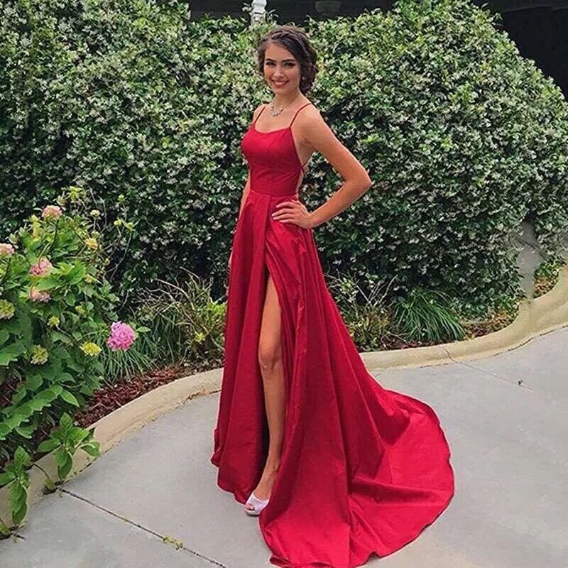 Amy Fashion - Halter Neck Backless Front Split Satin A-line Prom Party Dress