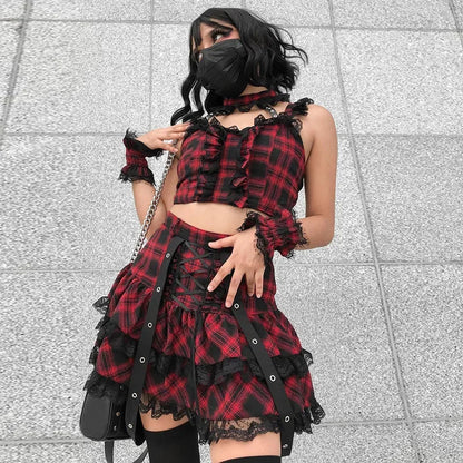 Fashion Harajuku Plaided Skirt High Sets Mini Girl Streetwear Waist Lolita Gothic Japanese Plaid