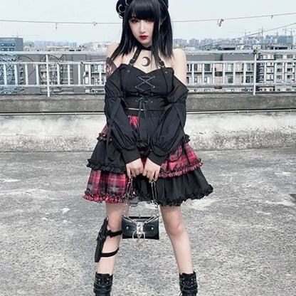 Rock Stitching Skirt Spice Cosplay Red High Plaid Girl Waist Harajuku Two-dimensional Dark Petticoat A-line