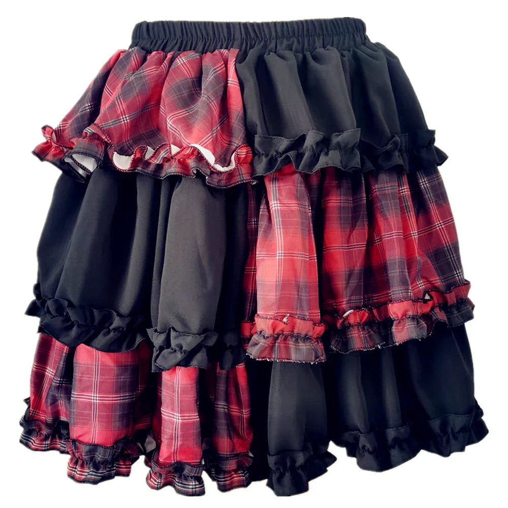 Rock Stitching Skirt Spice Cosplay Red High Plaid Girl Waist Harajuku Two-dimensional Dark Petticoat A-line