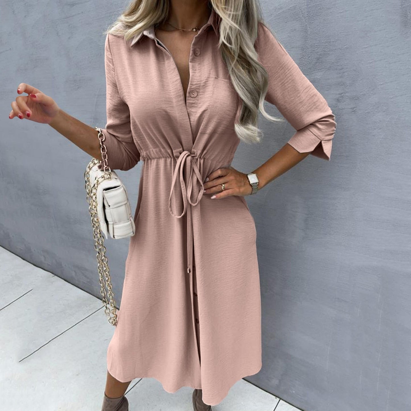 Amy Fashion - Fashion Pure Color Elegant Button Lace Up Midi Dress