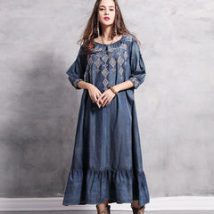 Denim Cotton O-neck Floral Embroidery Boho Dress